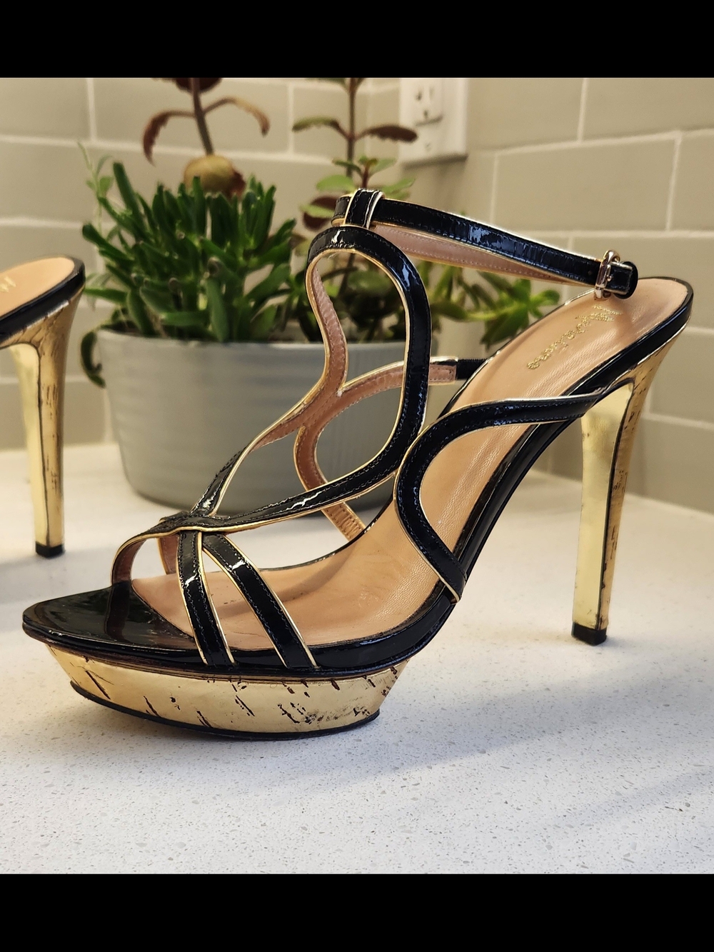 Marcinao By GUESS// Black Patent Strappy Heels with Gold Trim